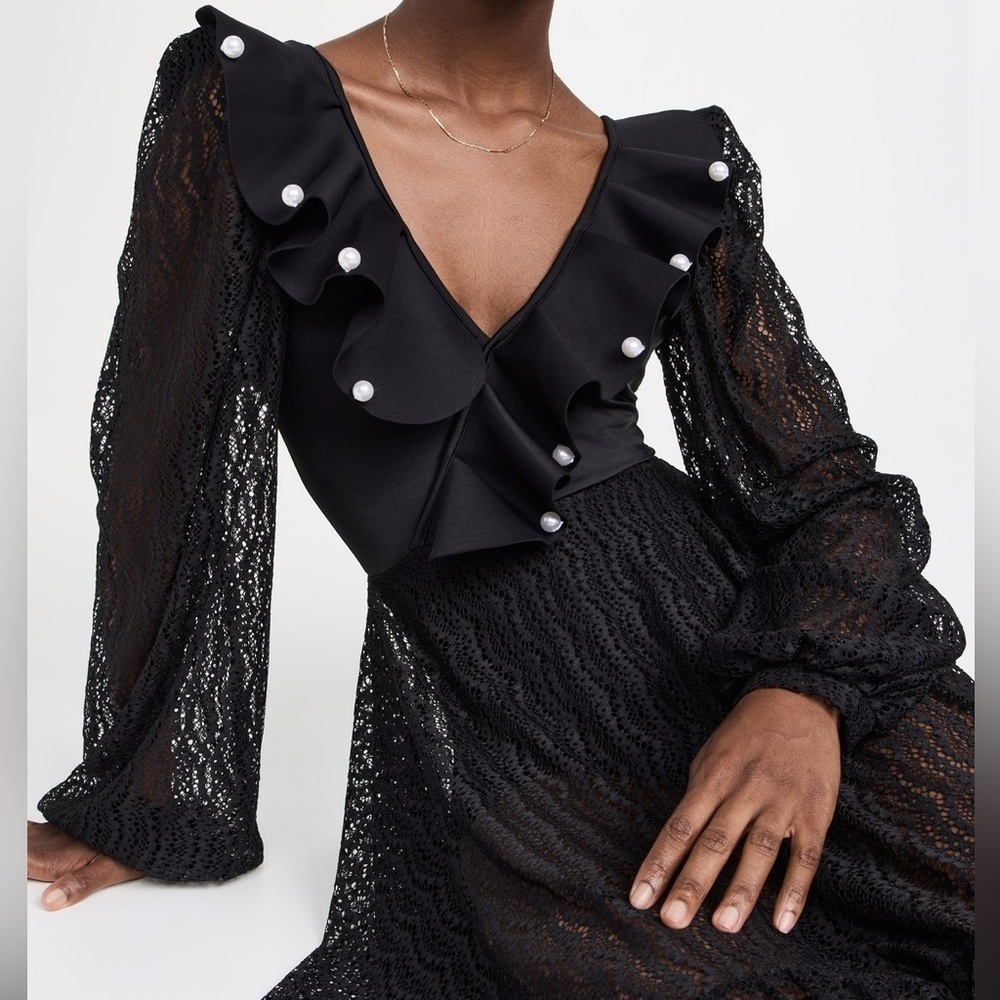BAHIA MAR Black Maxi Lace Dress with ruffles and pearls Size Large - Picture 5 of 9
